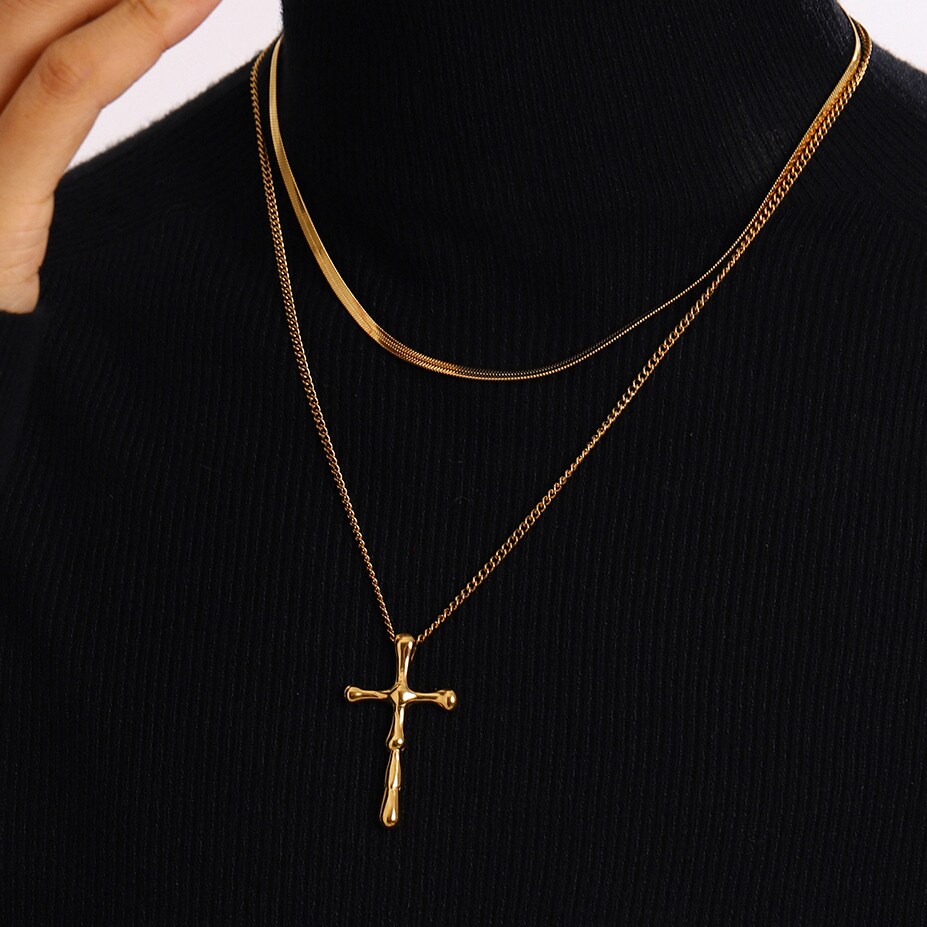 1 Stück Simple Series Trendy Kreuz Edelstahl 18K Gold Farbe Plattiert Damen Anhänger Halsketten h5 